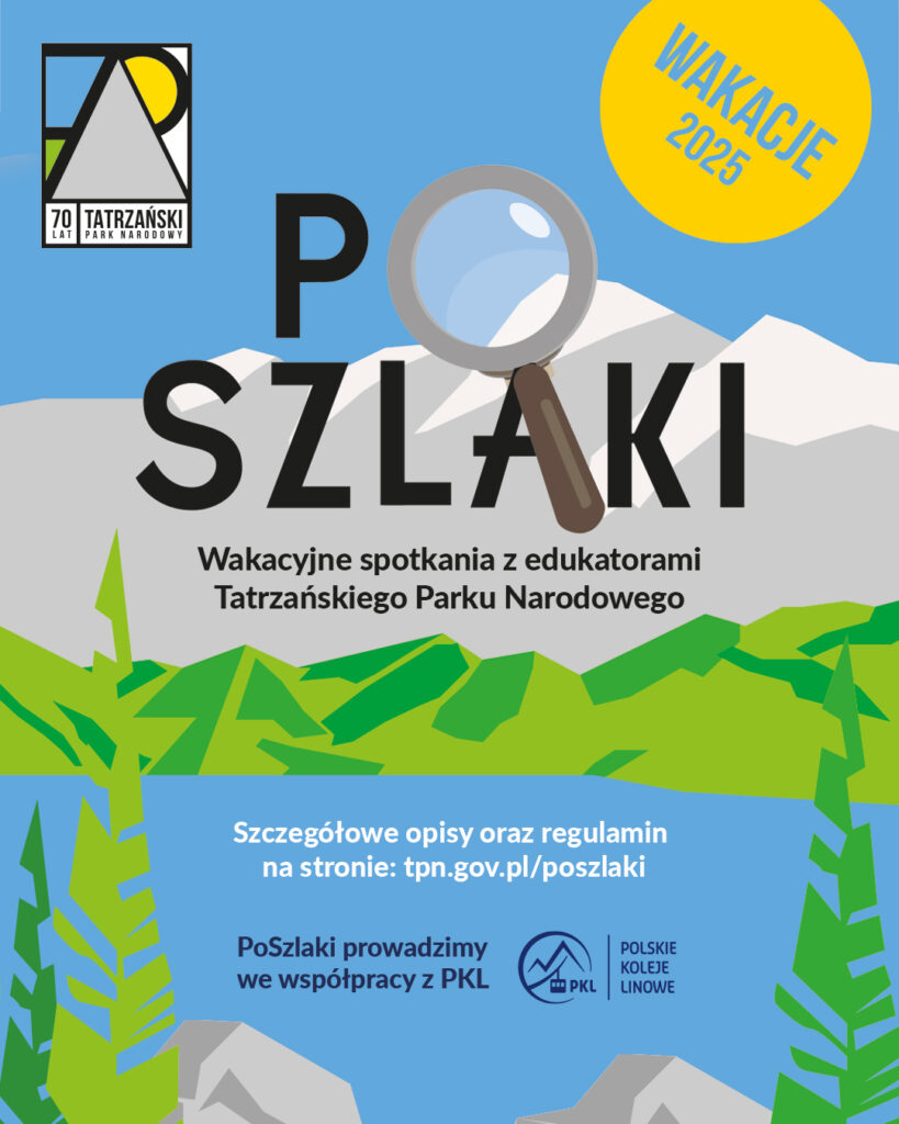 Powróciły letnie PoSzlaki, czyli prelekcje i wycieczki w towarzystwie edukatorów Tatrzańskiego Parku Narodowego! W lipcu i sierpniu akcja będzie prowadzona codziennie, jest dedykowana zarówno dla najmłodszych turystów, jak i tych, którzy wędrują już samodzielnie po Tatrach i możecie dołączyć do niej bezpłatnie.
Codziennie, o każdej pełnej godzinie, od 10:00 do 14:00 będą odbywały się prelekcje w ośmiu popularnych miejscach na terenie Tatrzańskiego Parku Narodowego  W punktach oznaczonych flagami ze znakiem akcji edukatorzy TPN będą prowadzić prelekcje o tatrzańskiej przyrodzie, zasadach panujących w Parku i bezpieczeństwie. Gdzie ich spotkacie?
na Rusinowej Polanie;
na Polanie Huciska (nowość!);
przy Czarnym Stawie Gąsienicowym;
na Kalatówkach ;
na Wielkiej Polanie Małołąckiej;
na Czerwonej Przełęczy;
na Nosalowej Przełęczy (nowość!);
i przy Smreczyńskim Stawie.
Ale nie musicie sami wyruszać w góry by dołączyć do Poszlak! Co jeszcze w planie? W każdy wtorek o godzinie 18:00 będą odbywały się bezpłatne wieczorne prelekcje w Centrum Edukacji Przyrodniczej TPN przy ulicy Chałubińskiego 42a. W każdy poniedziałek i środę o 9:00 – biletowane rodzinne wycieczki w Tatry z przewodnikiem, a w każdy czwartek o 16:00 – bezpłatne zwiedzanie Kuźnic z przewodnikiem.
Więcej informacji na tpn.gov.pl/poszlaki

